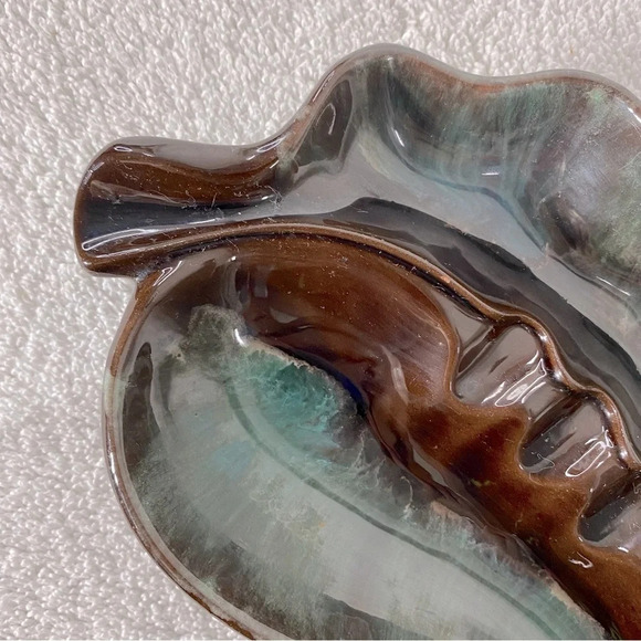 Vintage MCM McMaster Green Brown Ceramic  Pottery Art Leaf Ashtray Trinket Dish - Picture 12 of 14